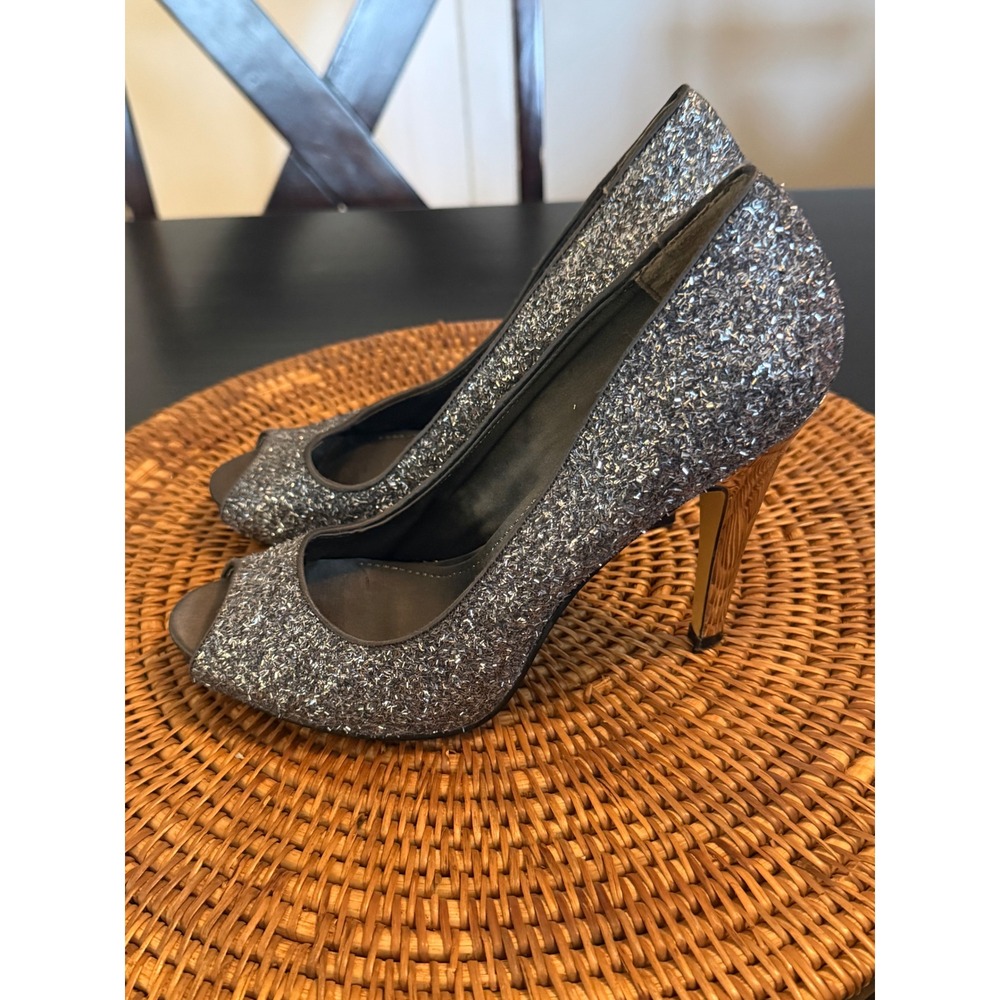 Nine West Silver Glitter Peep Toe Pumps Metallic Stiletto Heels Womens 7.5M